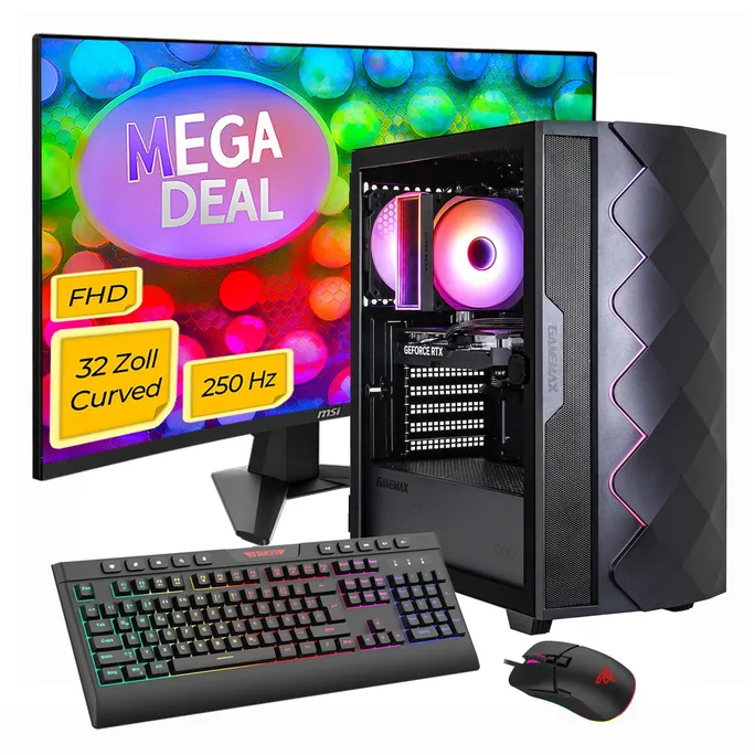 Hyrican GAMEMAX MegaDeal Diamond BK SET2697 7795 Ryzen 5 5500 16GB 1TB SSD RTX 5050 + MSI MAG 32C6X Curved Monitor 80cm (32″)