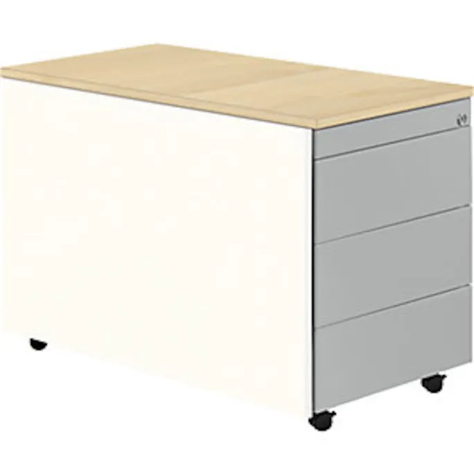 Schubladencontainer m.Rollen, 579×800, Kunststoffpl., 3 Schubl., weiß/alu/Ahorn