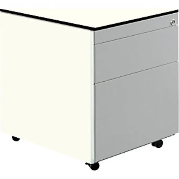 Schubladencontainer m.Rollen, 573×600, 1 Materialschub, 1 Hängereg, weiß/alu